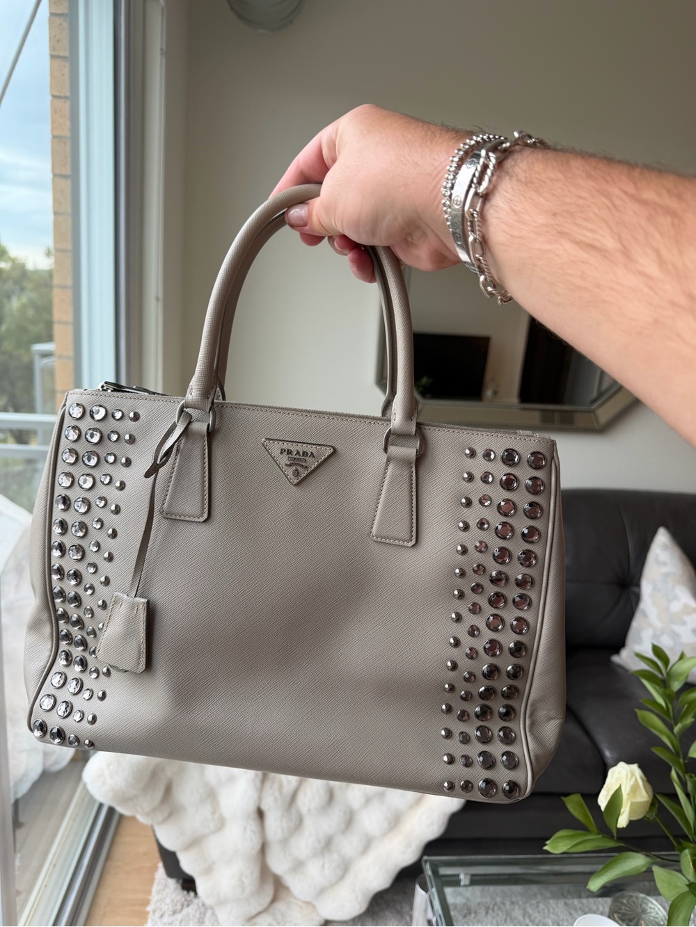 Prada Grey Studded Saffiano Leather Satchel